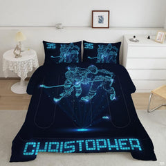 Holographic bed set featuring glowing neon cyan ice hockey players on dark navy.