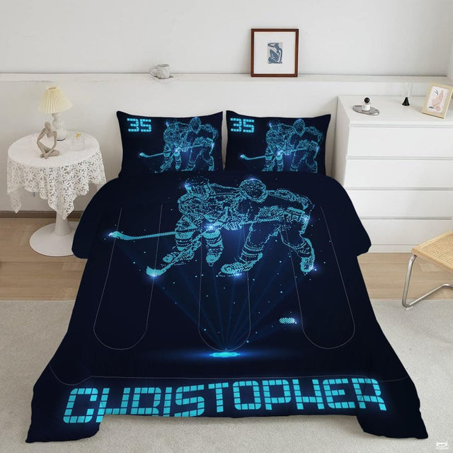 Holographic bed set featuring glowing neon cyan ice hockey players on dark navy.