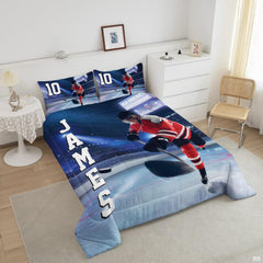 Close-up perspective of hockey bedding highlighting goalie silhouette, ice spray effects, and equipment graphics
