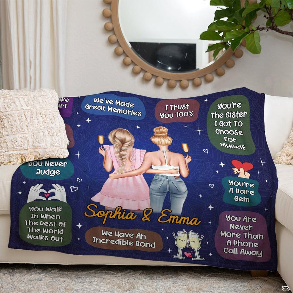 Best friend design with two girls toasting champagne and ten friendship reasons on navy background, view 3.