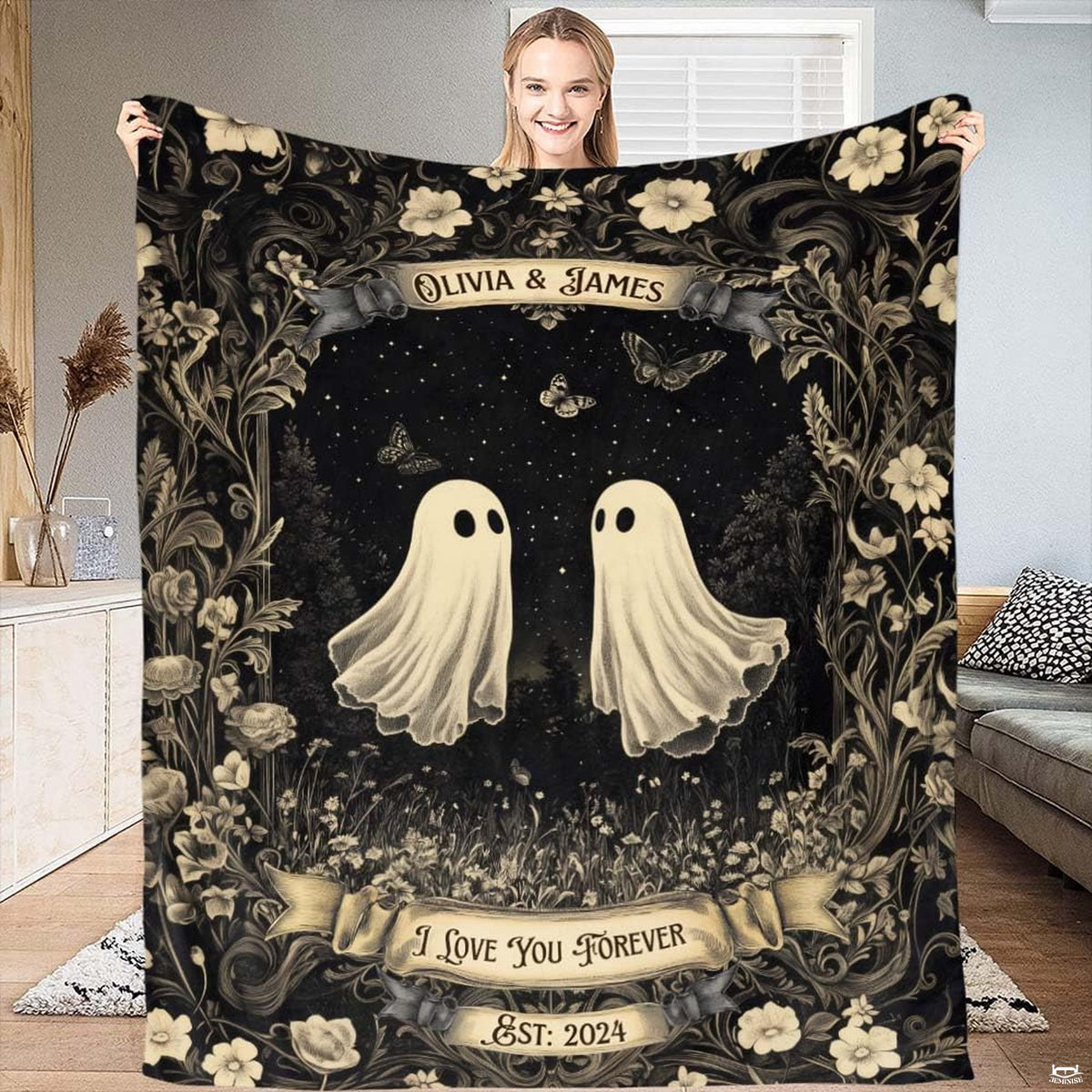 Gothic ghost couple throw blanket featuring two floating sheet ghosts in a wildflower meadow.
