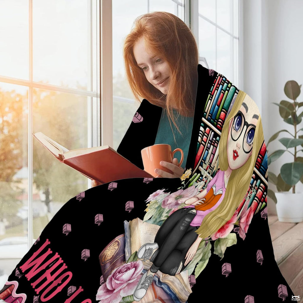 Cute bookworm girl throw blanket view 6 highlighting cartoon reader, heart bookcase, and floral roses