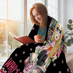 Cute bookworm girl throw blanket view 6 highlighting cartoon reader, heart bookcase, and floral roses