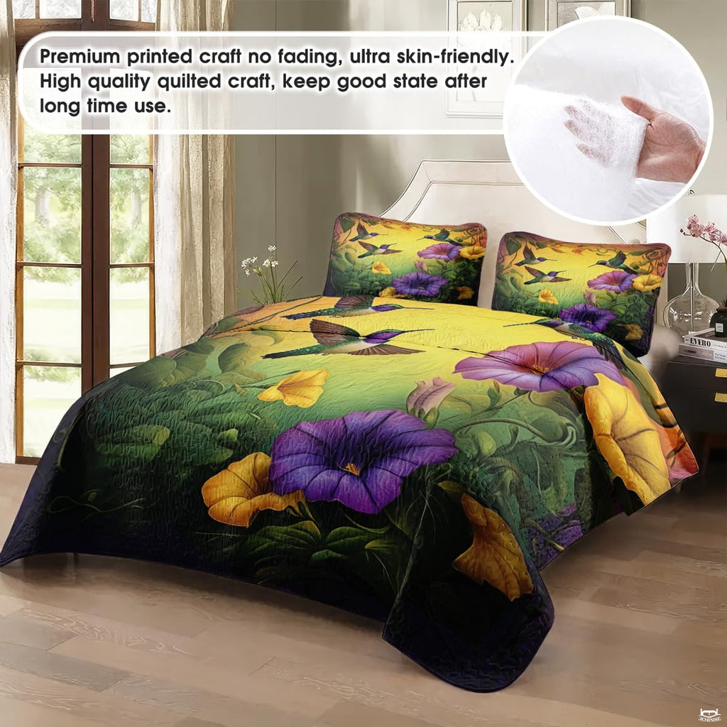 Hummingbird garden artwork shown in a styled bedroom