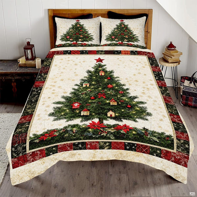 Decorated Christmas tree bedding set featuring glowing fairy lights, red star topper, and rustic plaid patchwork border.