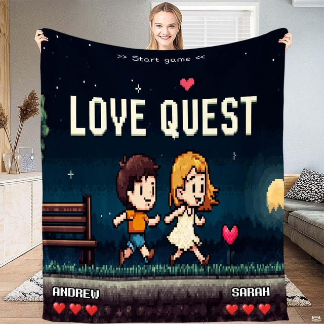 Retro 8-bit gamer couple bedding set featuring pixel heroes and heart meters under a glowing moon.