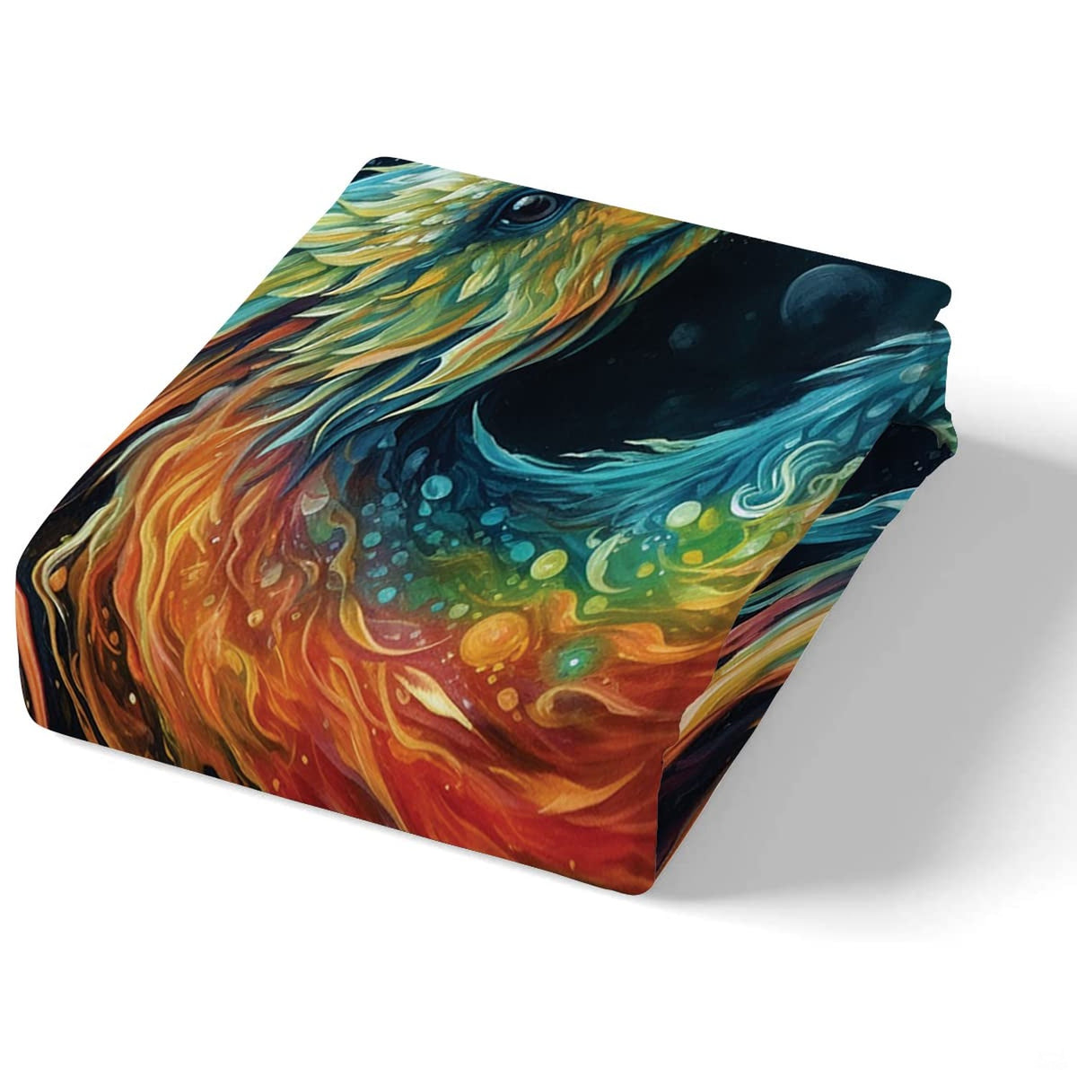 Corner angle of fantasy bedding highlighting vivid rainbow gradient printing and deep cosmic black contrast