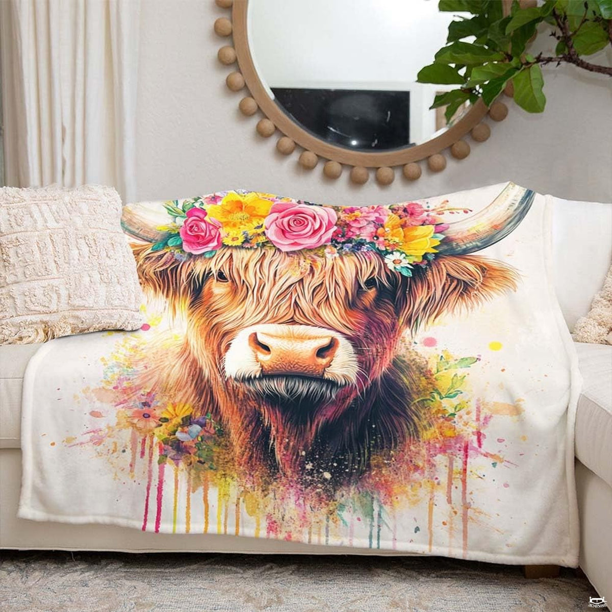 Bedroom styled with floral crown Highland cow throw blanket displayed across rustic bed linens
