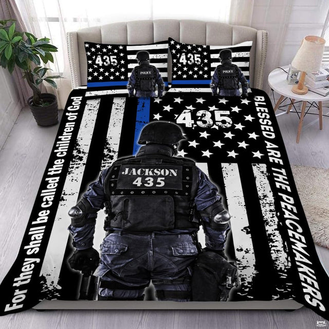 Tactical officer silhouette over distressed monochrome flag with vibrant blue stripe and stencil number design.