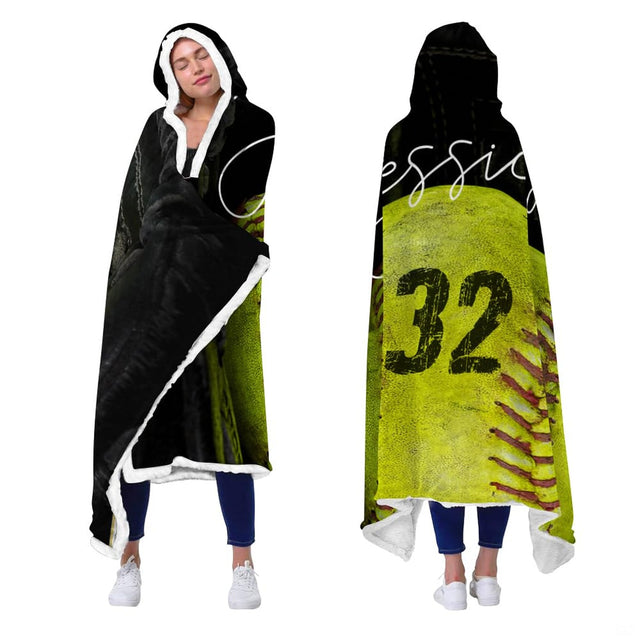 Softball artwork blanket worn as hooded wrap side and back view