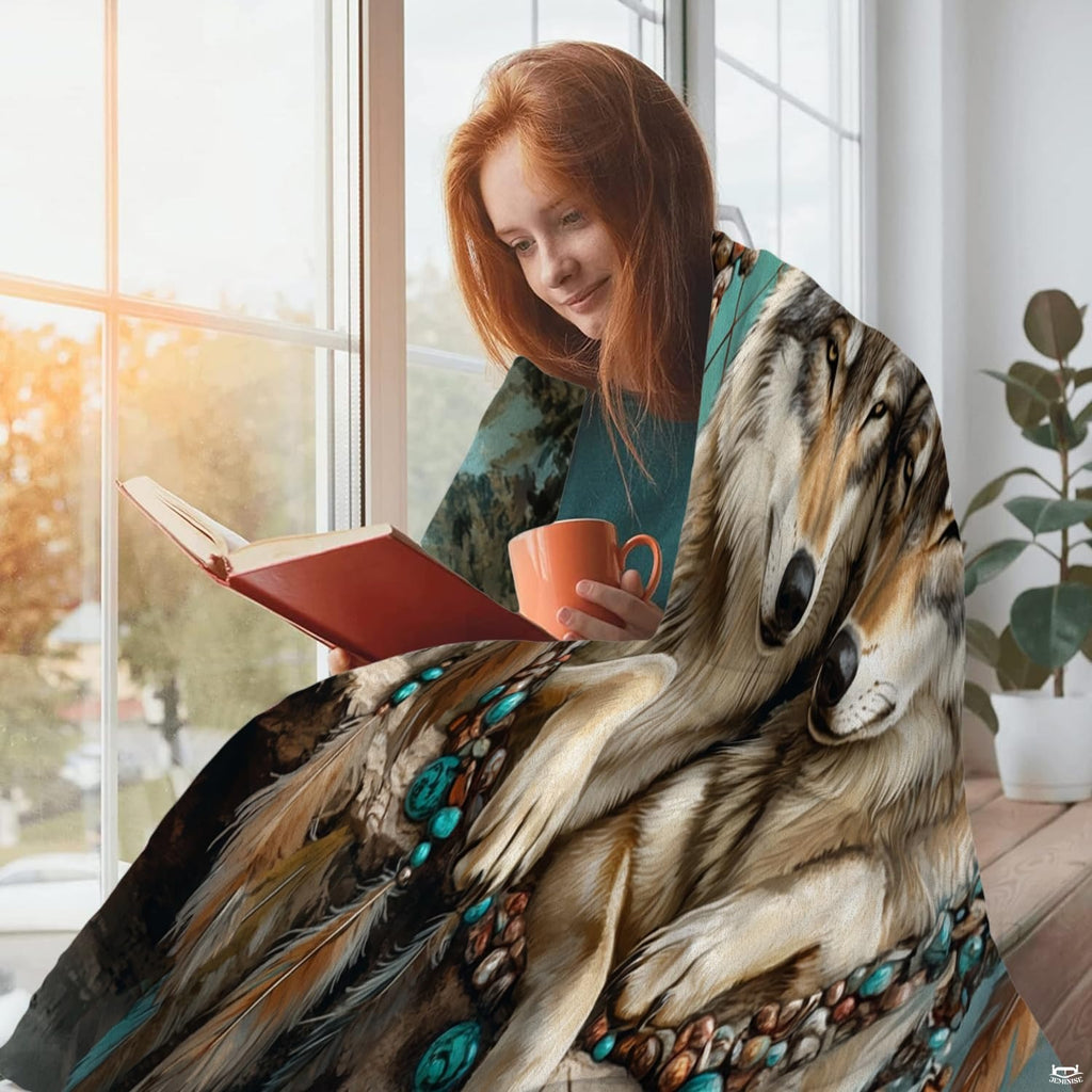 Lifestyle display showing realistic wolf artwork with turquoise beads and feather details.