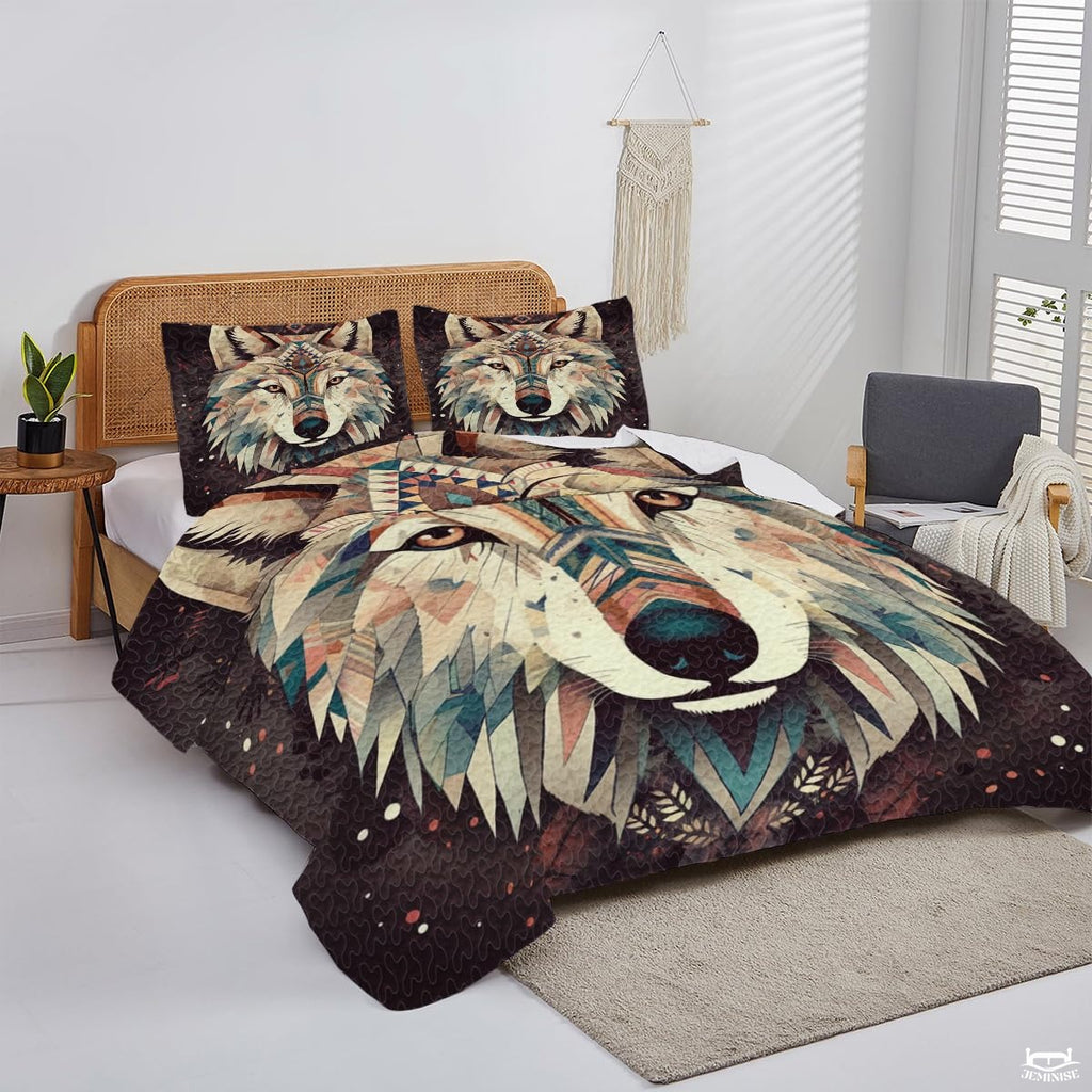 Custom Wildlife Wolf Head Close Up with Geometric Comforter