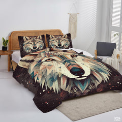Custom Wildlife Wolf Head Close Up with Geometric Comforter