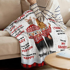 Holiday couple in Nordic sweaters with romantic quotes and red buffalo check plaid borders, view 5.