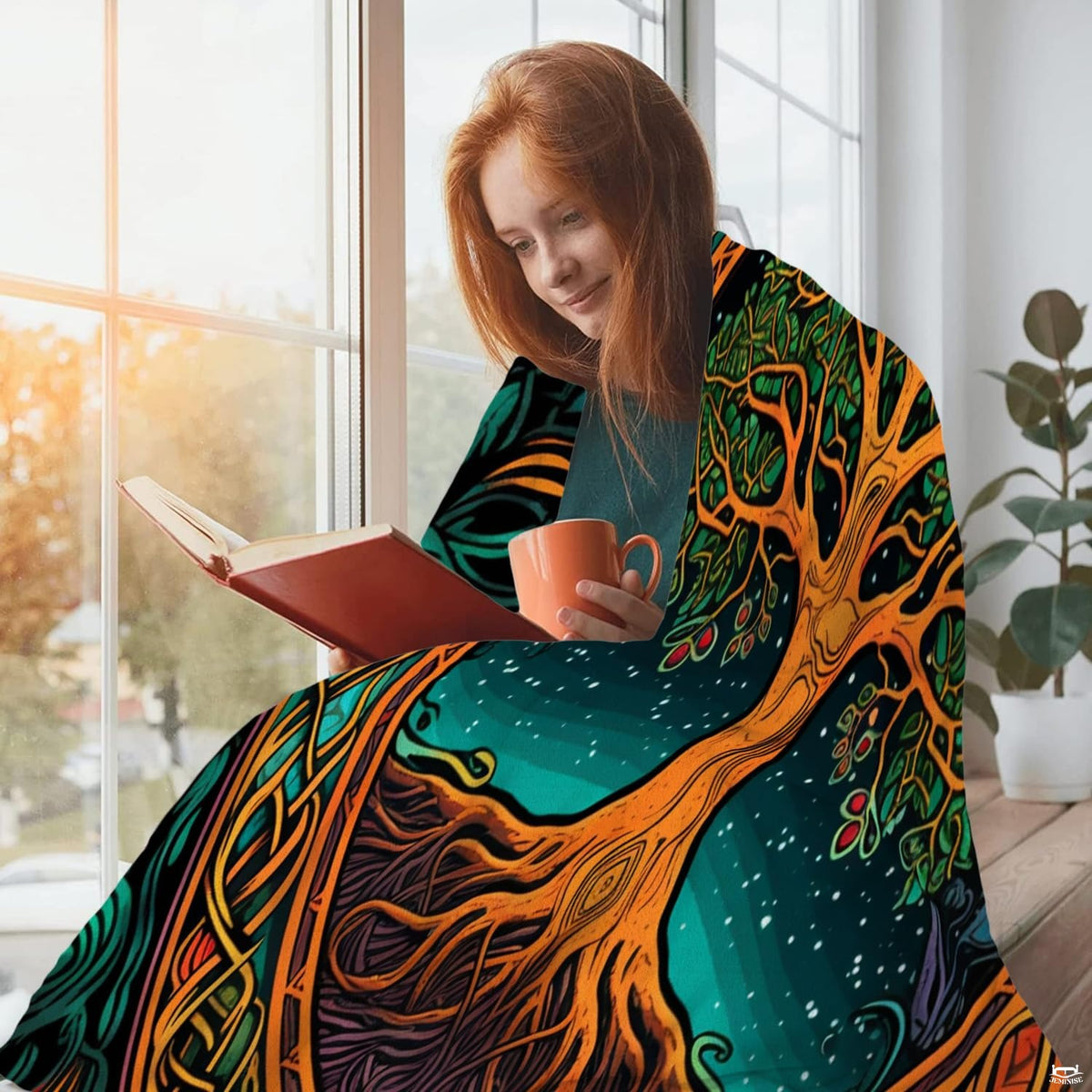 Tree of life bed cover displaying amber leaves, forest green foliage, and circular ribbon knotwork.