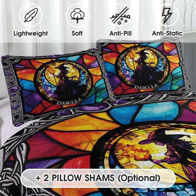 Stained glass bed canopy styled bedroom display with witch silhouette stained glass bedding visual.
