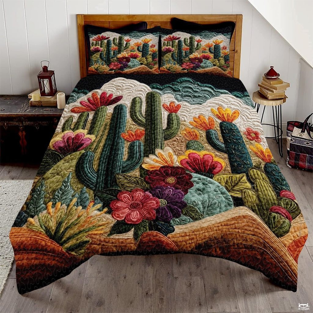 Personalized Vibrant Flowering Cactus Desert Scene Quilt Set