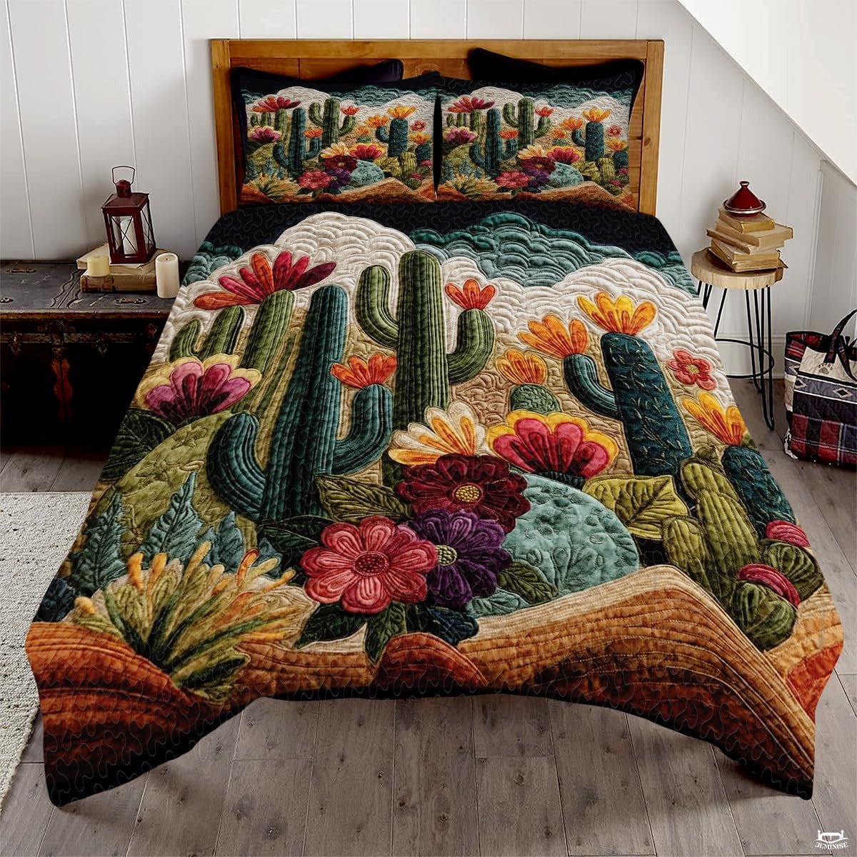 Personalized Vibrant Flowering Cactus Desert Scene Quilt Set