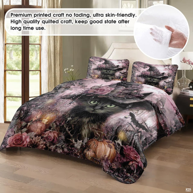 Pink witch cat bedding in a softly lit bedroom