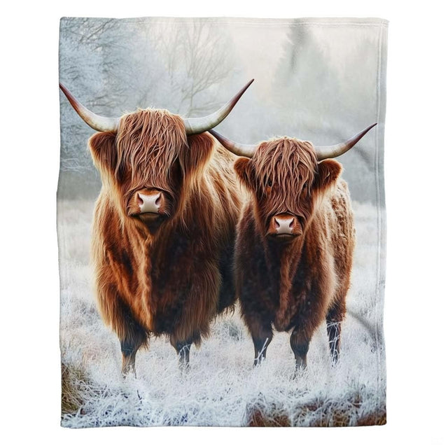 Scottish highland cow bedding set showcasing two horned cattle in a misty winter pasture.
