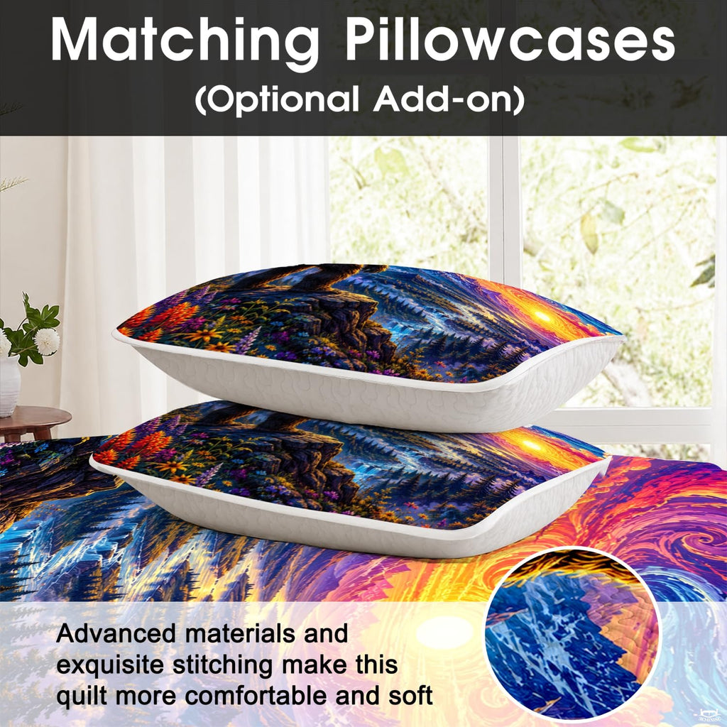 Detailed view of the cascading waterfalls and cliffside wildflowers on a wilderness bedding set