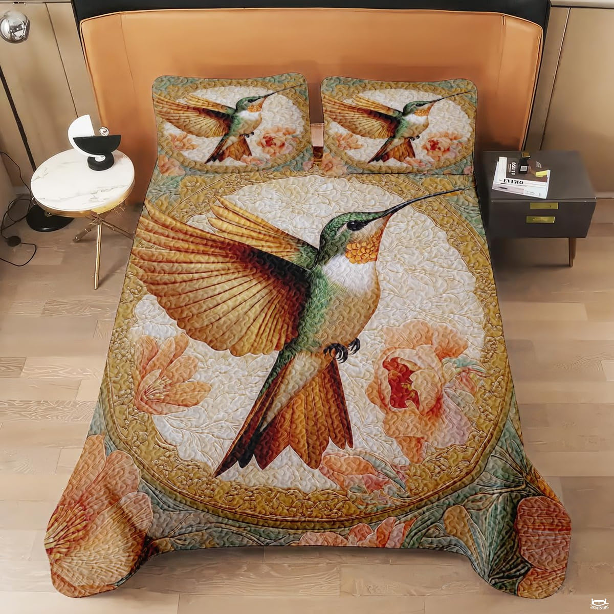 Hummingbird rose bedding shown on a modern bed
