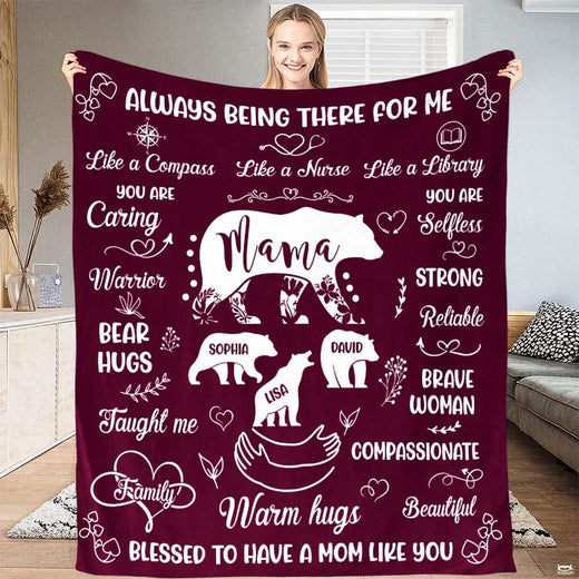 Mama bear burgundy floral silhouette throw blanket displaying white mother bear and cubs on wine red