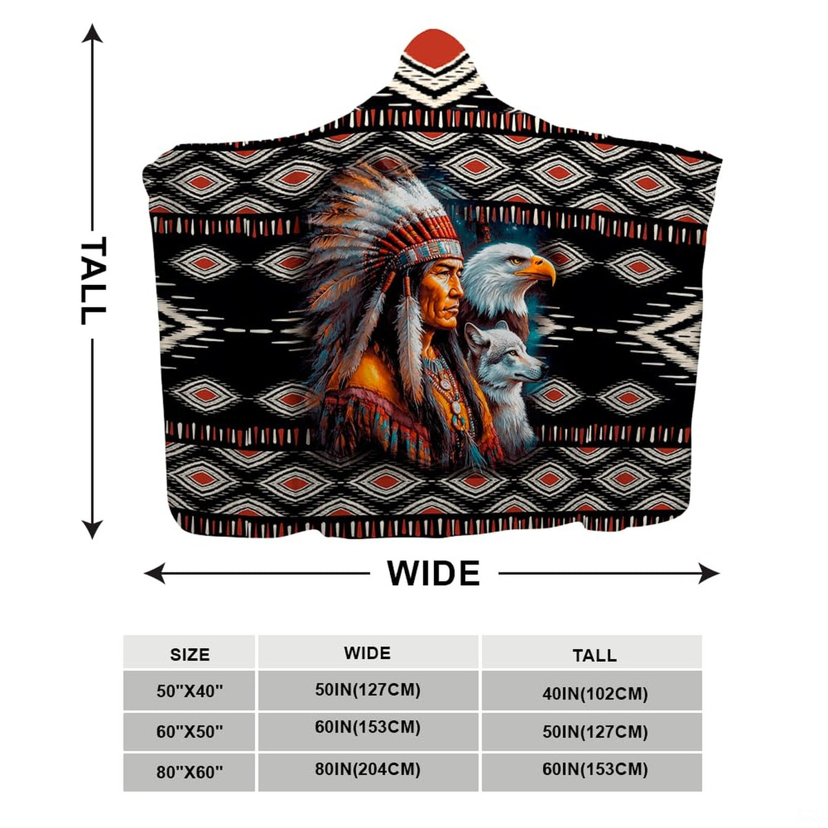 Native American chief throw blanket view 3 highlighting eagle headdress, wolf, and Southwestern borders
