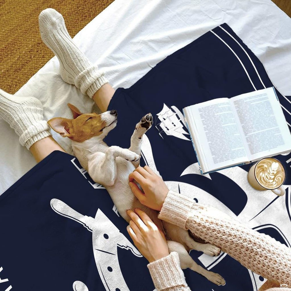 Nautical ship wheel and anchor maritime illustration on deep navy, view 4.