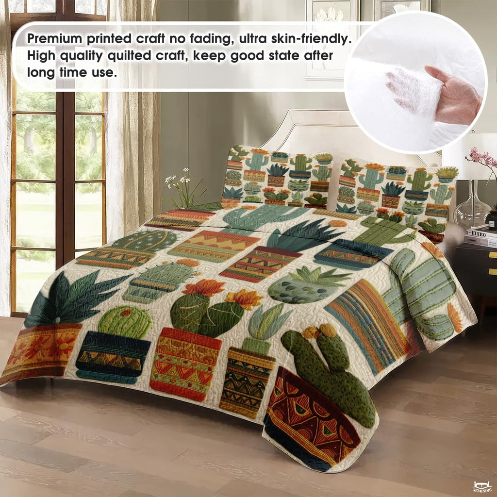 Personalized Vibrant Potted Cactus Quilt Set, Machine Washa - Design 3