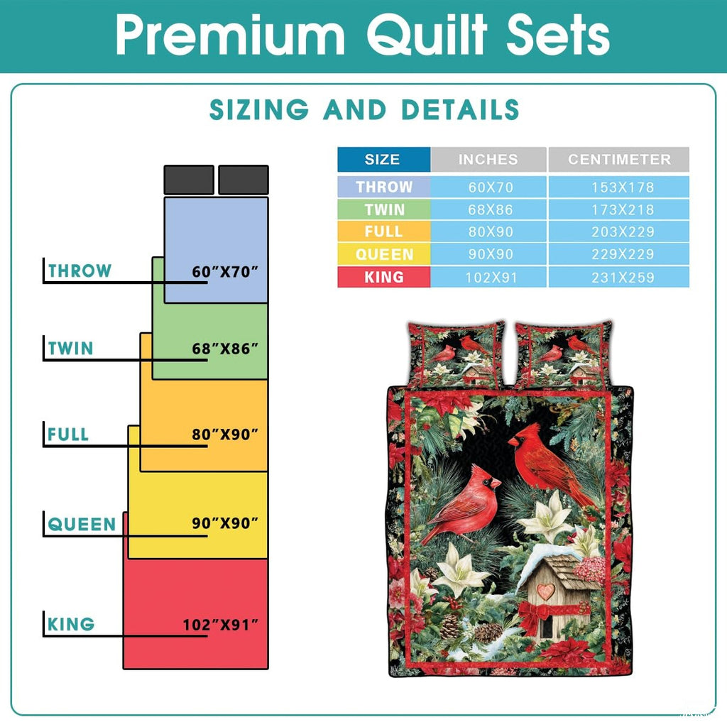 Christmas Cardinals Near Snowy Birdhouse Patchwork Floral Quilt
