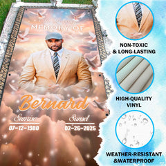 Dignified memorial photo banner artwork highlighting elegant tan portrait hues and calm skies.