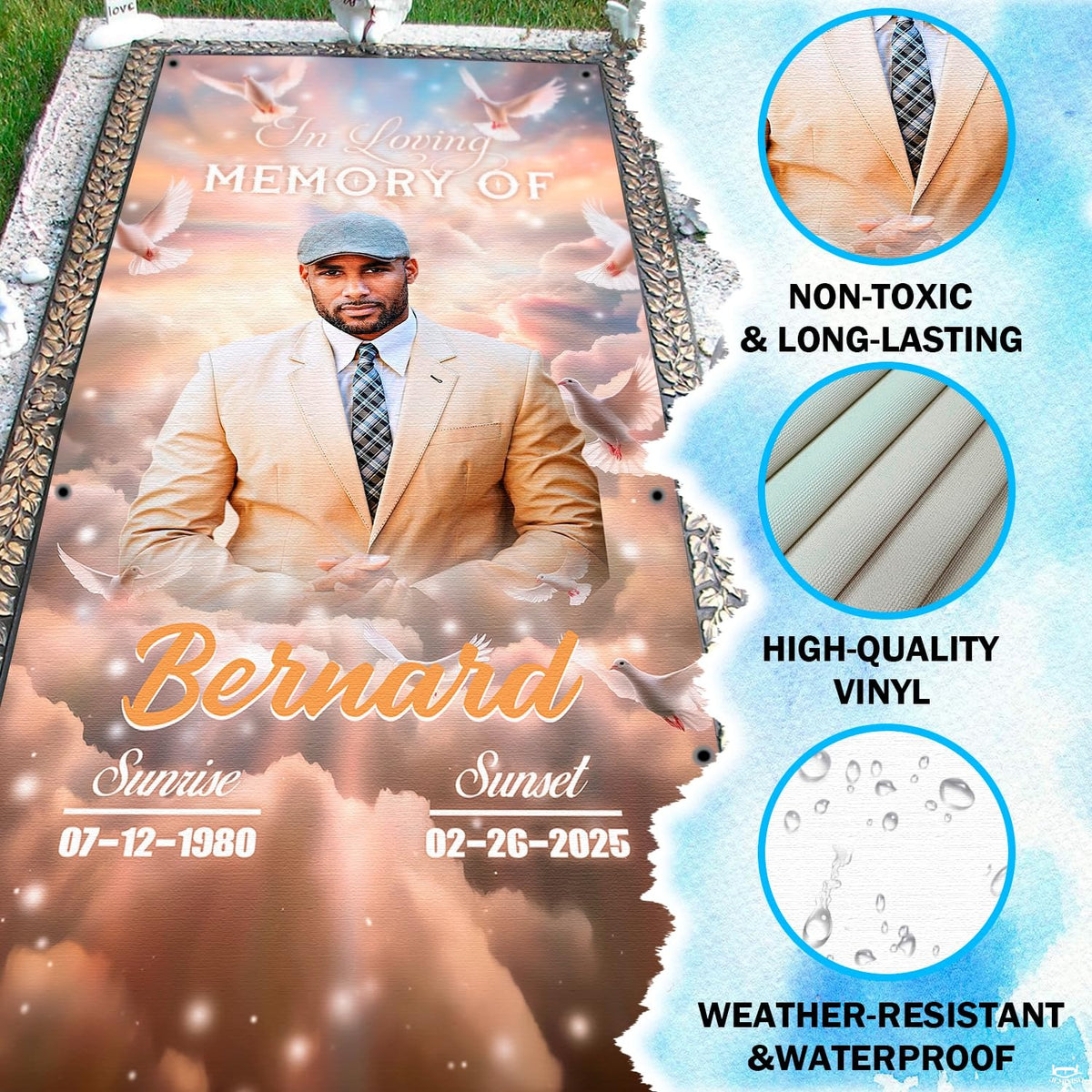Dignified memorial photo banner artwork highlighting elegant tan portrait hues and calm skies.