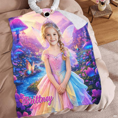 Fairytale mushroom wonderland throw blanket styled across a bed in a colorful bedroom.