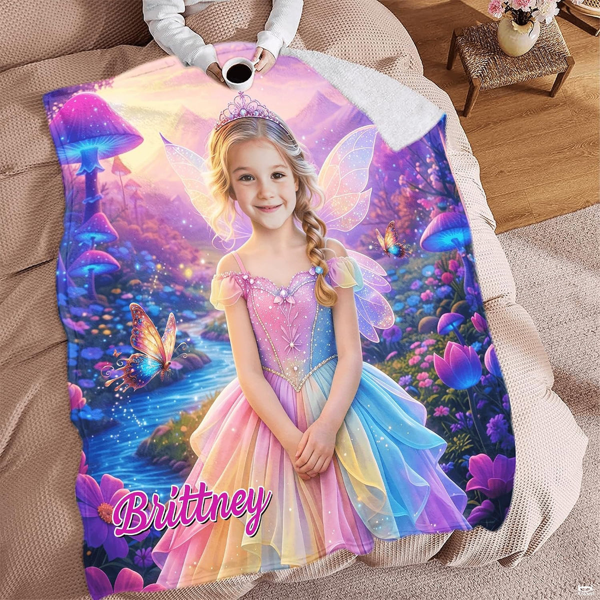 Fairytale mushroom wonderland throw blanket styled across a bed in a colorful bedroom.