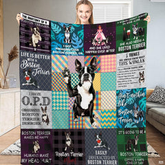 Boston Terrier dog patchwork collage throw blanket with waving puppy centerpiece and colorful pattern blocks