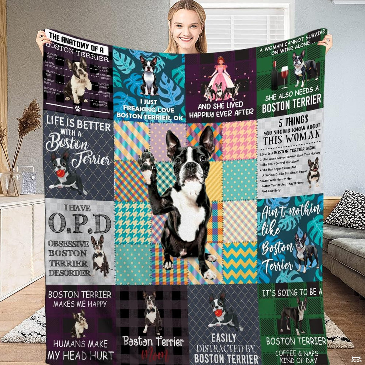 Boston Terrier dog patchwork collage throw blanket with waving puppy centerpiece and colorful pattern blocks