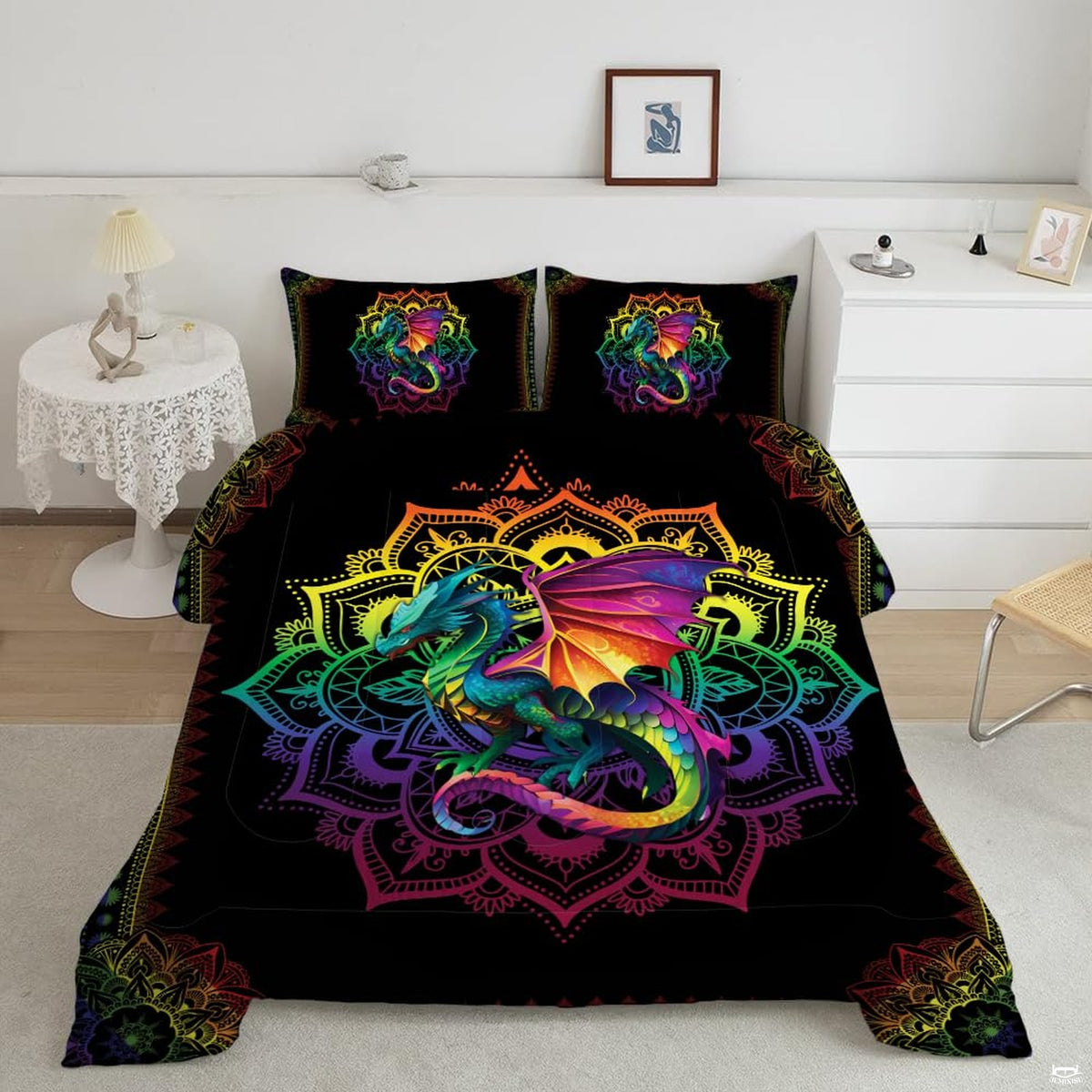 Gold and midnight dragon mandala bedding set featuring mythical dragon artwork and circular book ornamental patterns.