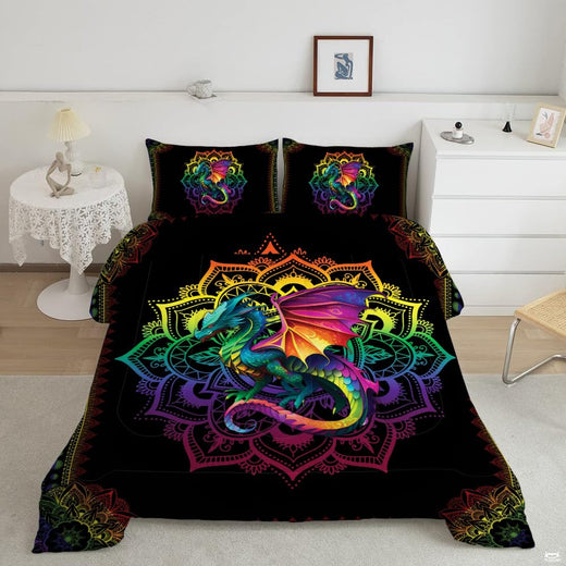 Gold and midnight dragon mandala bedding set featuring mythical dragon artwork and circular book ornamental patterns.