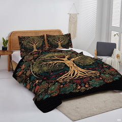 Overhead view of bohemian mandala tree bedding styled neatly across a contemporary bedroom bed arrangement