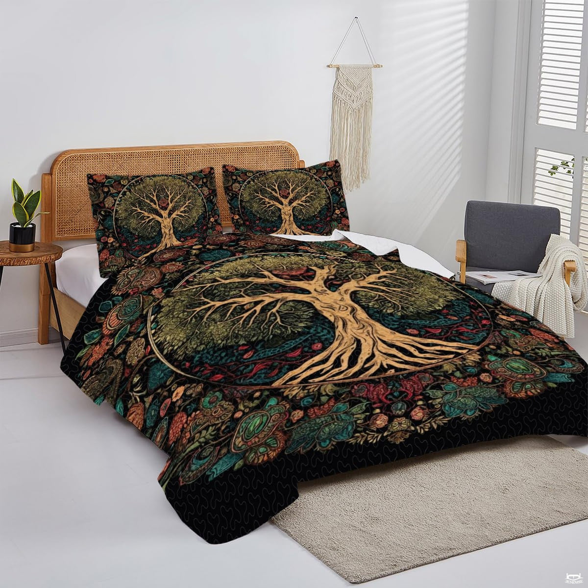 Overhead view of bohemian mandala tree bedding styled neatly across a contemporary bedroom bed arrangement