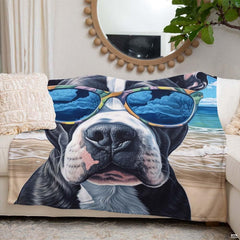 Angle view of sunglasses pitbull throw blanket showing crisp edges and vivid beach scene print