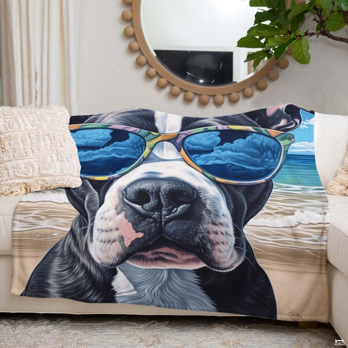 Angle view of sunglasses pitbull throw blanket showing crisp edges and vivid beach scene print