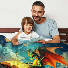 Fantasy green dragon reading glowing storybook on clouds under starry sky, view 4.