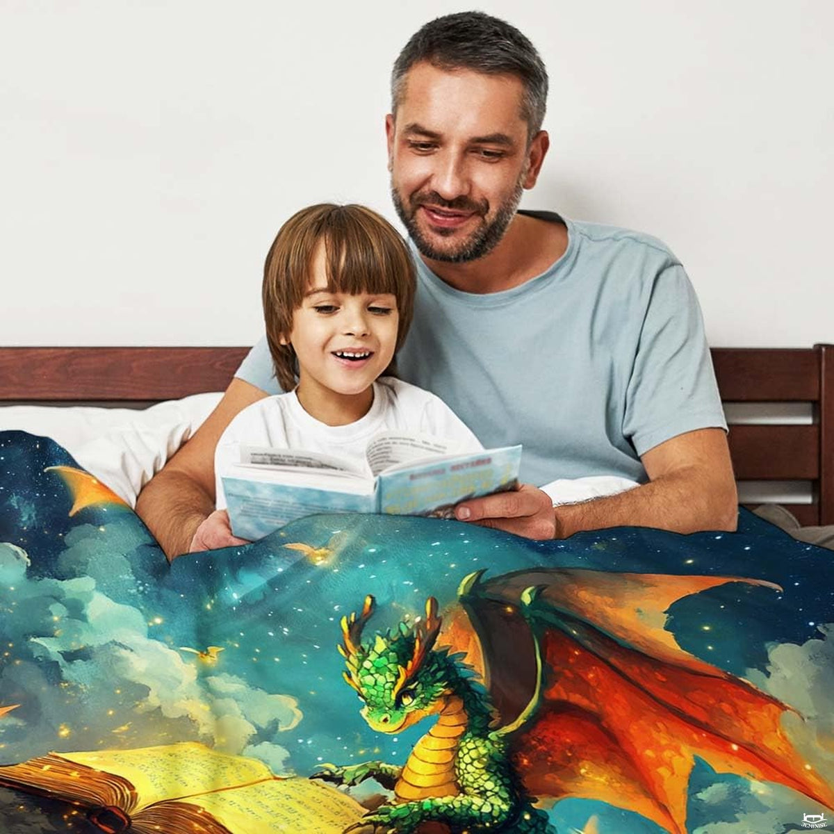 Fantasy green dragon reading glowing storybook on clouds under starry sky, view 4.