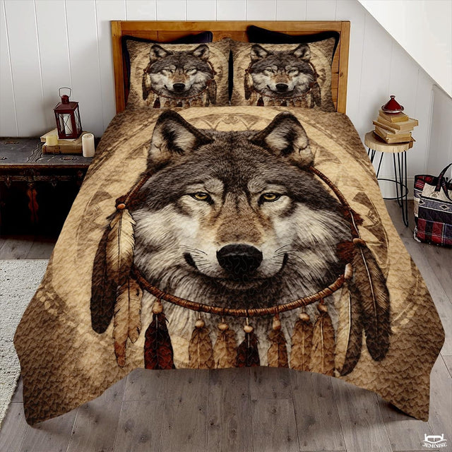 Dreamcatcher wolf portrait sepia bedding displayed on a bed with matching pillow shams.