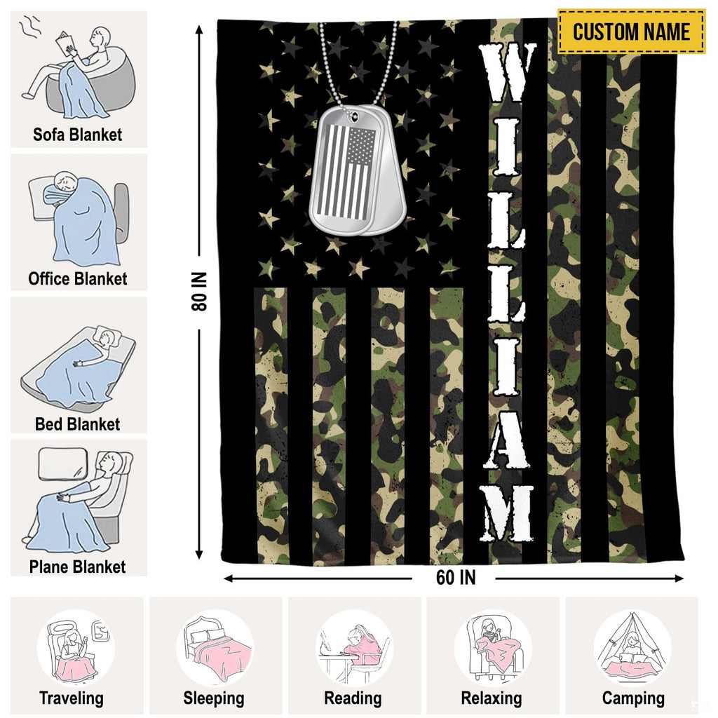 Patriotic camo bedding set coordinating with neutral bedroom decor and minimalist wood furnishings.