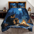 Sasquatch roasting marshmallows by campfire on bedding for rustic cabin bedroom decor