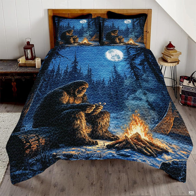 Sasquatch roasting marshmallows by campfire on bedding for rustic cabin bedroom decor