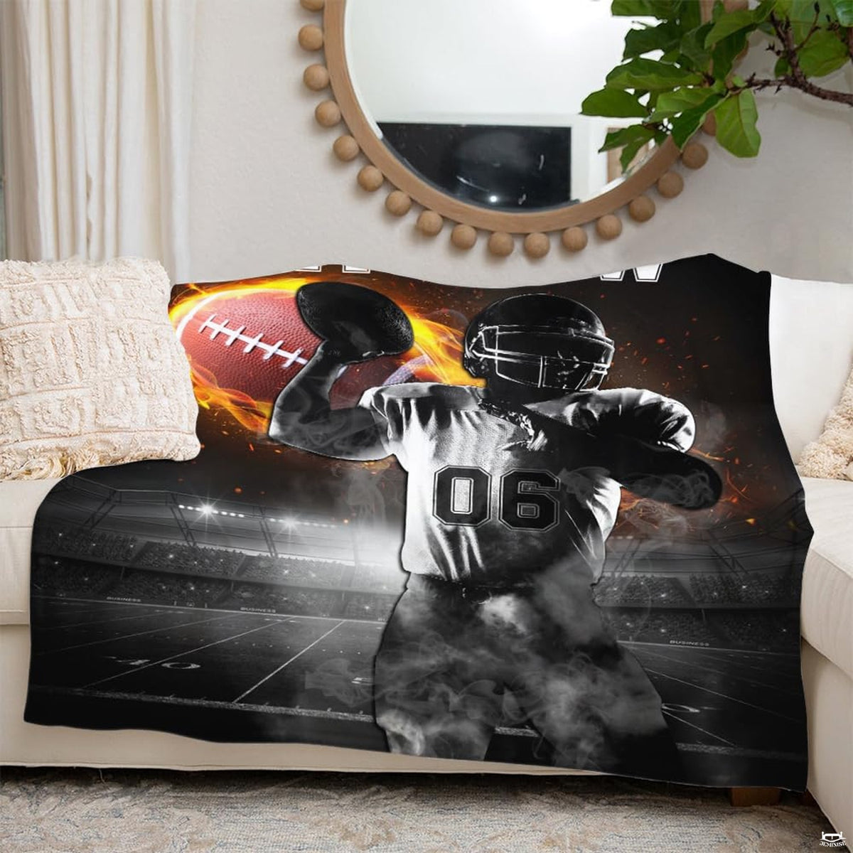 American football quarterback preparing to throw flaming football under stadium lights, view 5.